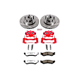 KC1916-36 2-Wheel Set Front Brake Kit With Calipers, Cross-drilled and Slotted 5 Lugs 308 mm Red Powdercoat Caliper, Carbon Fiber Ceramic, RWD, Includes (1) Disc and Pad Kit and (1) Caliper