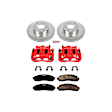 KC1923A 2-Wheel Set Front Brake Kit With Calipers, Cross-drilled and Slotted 5 Lugs 304 mm Red Powdercoat Caliper, Carbon Fiber Ceramic, 4WD, Includes (1) Disc and Pad Kit and (1) Caliper