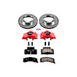 KC1992 2-Wheel Set Front Brake Kit With Calipers, Cross-drilled and Slotted 8 Lugs 317 mm Red Powdercoat Caliper, Carbon Fiber Ceramic, Includes (1) Disc and Pad Kit and (1) Caliper