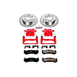 KC2009 2-Wheel Set Front Brake Kit With Calipers, Cross-drilled and Slotted 6 Lugs 305 mm Red Powdercoat Caliper, Carbon Fiber Ceramic, Includes (1) Disc and Pad Kit and (1) Caliper