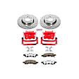 KC2059-26 2-Wheel Set Front Brake Kit With Calipers, Cross-drilled and Slotted 6 Lugs 324 mm Red Powdercoat Caliper, Carbon Fiber Ceramic, Includes (1) Disc and Pad Kit and (1) Caliper