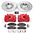 KC2066 2-Wheel Set Front Brake Kit With Calipers, Cross-drilled and Slotted 6 Lugs 279.9 mm Red Powdercoat Caliper, Carbon Fiber Ceramic, Includes (1) Disc and Pad Kit and (1) Caliper