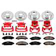 KC2068 2-Wheel Set Front and Rear Brake Kit With Calipers, Cross-drilled and Slotted 6 Lugs 330 mm Red Powdercoat Caliper, Carbon Fiber Ceramic, Includes (2) Disc and Pad Kit and (2) Caliper