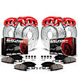 KC2085B 2-Wheel Set Front and Rear Brake Kit With Calipers, Cross-drilled and Slotted 6 Lugs 301.8 mm Red Powdercoat Caliper, Carbon Fiber Ceramic, Includes (2) Disc and Pad Kit and (2) Caliper