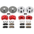 KC2091 2-Wheel Set Front and Rear Brake Kit With Calipers, Cross-drilled and Slotted 5 Lugs 296 mm Red Powdercoat Caliper, Carbon Fiber Ceramic, Includes (2) Disc and Pad Kit and (2) Caliper