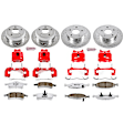 KC2148-26 2-Wheel Set Front and Rear Brake Kit With Calipers, Cross-drilled and Slotted 5 Lugs 305 mm Red Powdercoat Caliper, Carbon Fiber Ceramic, Includes (2) Disc and Pad Kit and (2) Caliper