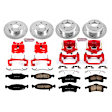 KC2148 2-Wheel Set Front and Rear Brake Kit With Calipers, Cross-drilled and Slotted 5 Lugs 305 mm Red Powdercoat Caliper, Carbon Fiber Ceramic, Includes (2) Disc and Pad Kit and (2) Caliper