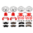 KC2150 2-Wheel Set Front and Rear Brake Kit With Calipers, Cross-drilled and Slotted 5 Lugs 305 mm Red Powdercoat Caliper, Carbon Fiber Ceramic, Includes (2) Disc and Pad Kit and (2) Caliper
