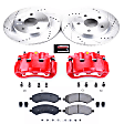 KC2163A 2-Wheel Set Front Brake Kit With Calipers, Cross-drilled and Slotted 5 Lugs 336 mm Red Powdercoat Caliper, Carbon Fiber Ceramic, Includes (1) Disc and Pad Kit and (1) Caliper