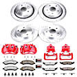KC2164A-36 2-Wheel Set Front and Rear Brake Kit With Calipers, Cross-drilled and Slotted 5 Lugs 336 mm Red Powdercoat Caliper, Carbon Fiber Ceramic, Includes (2) Disc and Pad Kit and (2) Caliper