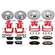 KC2297 2-Wheel Set Front and Rear Brake Kit With Calipers, Cross-drilled and Slotted 5 Lugs 259.8 mm Red Powdercoat Caliper, Carbon Fiber Ceramic, Includes (2) Disc and Pad Kit and (2) Caliper