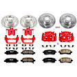 KC2371 2-Wheel Set Front and Rear Brake Kit With Calipers, Cross-drilled and Slotted 5 Lugs 266 mm Red Powdercoat Caliper, Carbon Fiber Ceramic, Includes (2) Disc and Pad Kit and (2) Caliper