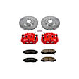 KC2429 2-Wheel Set Front Brake Kit With Calipers, Cross-drilled and Slotted 5 Lugs 319.8 mm Red Powdercoat Caliper, Carbon Fiber Ceramic, Includes (1) Disc and Pad Kit and (1) Caliper