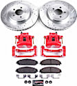 KC2560B 2-Wheel Set Front Brake Kit With Calipers, Cross-drilled and Slotted 5 Lugs Red Powdercoat Caliper, Carbon Fiber Ceramic, Z23 Evolution Sport Series, Includes (1) Disc and Pad Kit and (1) Caliper