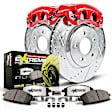 KC3093-26 2-Wheel Set Rear Brake Kit With Calipers, Cross-drilled and Slotted 5 Lugs 239 mm Red Powdercoat Caliper, Carbon Fiber Ceramic, Includes (1) Disc and Pad Kit and (1) Caliper