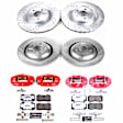 KC4023-26 2-Wheel Set Front and Rear Brake Kit With Calipers, Cross-drilled and Slotted 5 Lugs 350 mm Red Powdercoat Caliper, Carbon Fiber Ceramic, Includes (2) Disc and Pad Kit and (2) Caliper