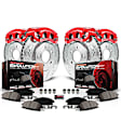 KC8060 2-Wheel Set Front and Rear Brake Kit With Calipers, Cross-drilled and Slotted 5 Lugs 308 mm Red Powdercoat Caliper, Carbon Fiber Ceramic, Includes (2) Disc and Pad Kit and (2) Caliper