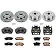 KCOE229 2-Wheel Set Front and Rear Brake Kit With Calipers, Plain Surface 5 Lugs 296 mm Natural Caliper, Ceramic, Z17 OE Replacement, Includes (2) Brake Disc and Pad Kit and (4) Brake Caliper