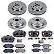 KCOE4044 2-Wheel Set Front and Rear Brake Kit With Calipers, Plain Surface 5 Lugs 296 mm Natural Caliper, Ceramic, Z17 OE Replacement, Includes (2) Brake Disc and Pad Kit and (4) Brake Caliper