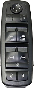 2010 Chrysler Town & Country - Front, Driver Side Window Switch, Without Power Folding Mirrors, With Power Windows, With Power Rear Windows, With Heated Mirrors, With Auto Down, Black, 10 Buttons, 9-Prong and 3-Prong Blade Male Terminals, 2 Female Connectors