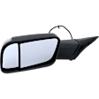 Driver and Passenger Side Towing Mirror, Power Adjust, Heated, Manual Folding, Textured Black, In-housing Signal Light, No Memory, With Puddle Light, No Auto-Dim, No Blind Spot Feature