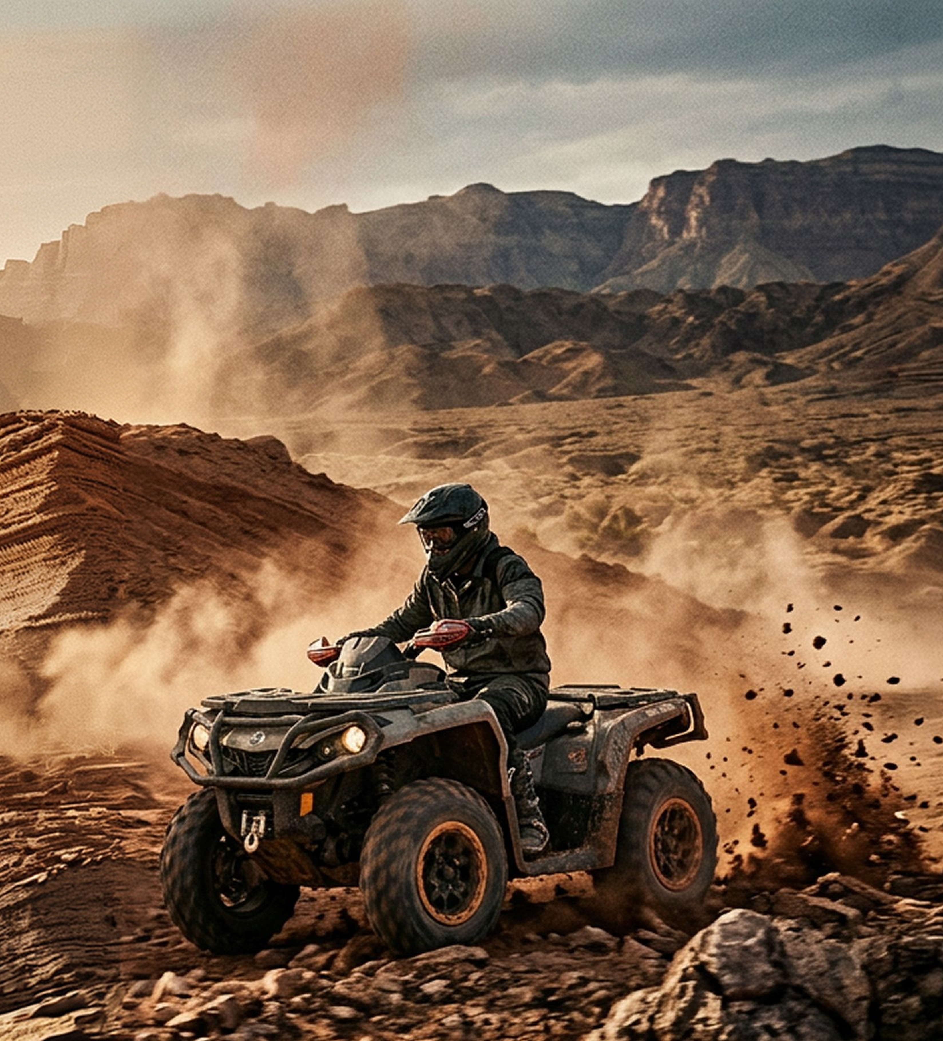 ATV rider kicking up dust on a desert trail