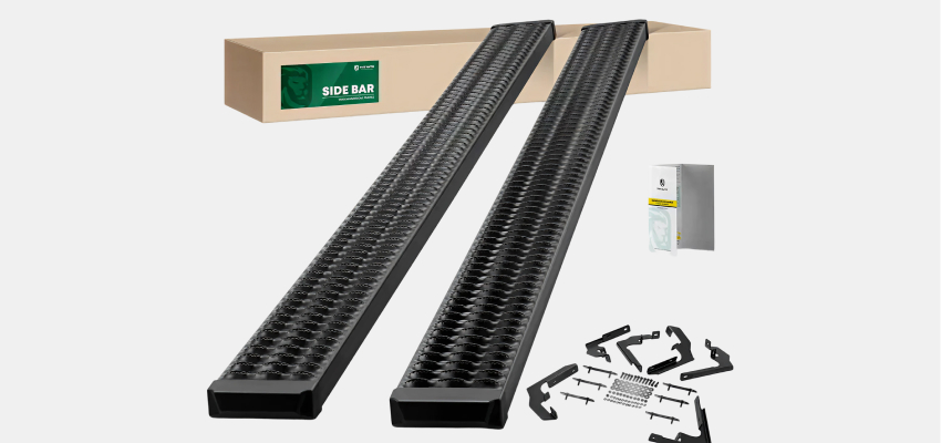 7 inch textured black aluminum running boards with packaging and hardware