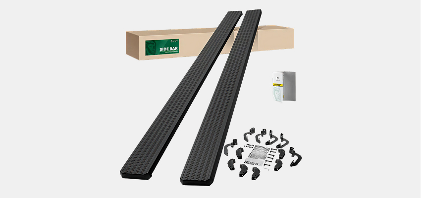 5 inch textured black aluminum running boards with packaging and hardware