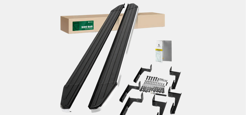 5.5 inch black aluminum running boards with packaging and hardware