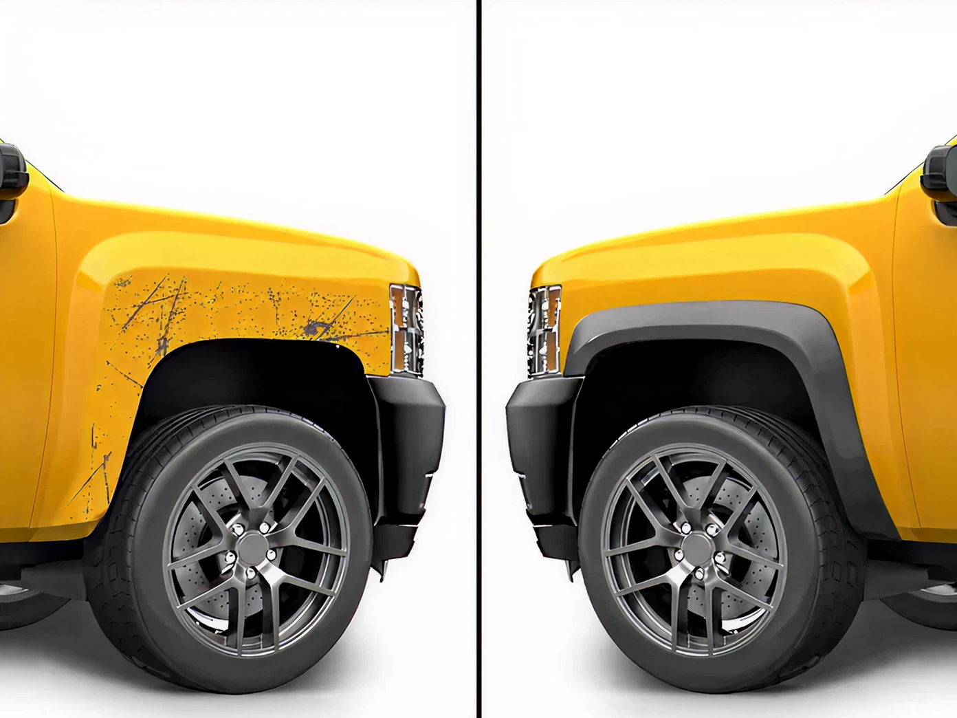 Yellow work truck with larger tires, showing the rocker panel area