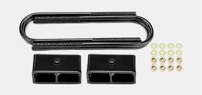 Rear leveling lift kit with steel blocks and U-bolts