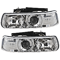 Driver and Passenger Side Headlight, With bulb(s), Halogen, Clear Lens, Chrome Interior, Projector Type