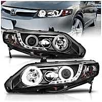 121454 Driver and Passenger Side Halogen Headlight, With bulb(s), Clear Lens, Black Interior, Halo Projector Series