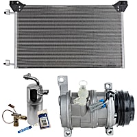 3-Piece Kit A/C Compressor with A/C Condenser and A/C Service Kit (A/C Accumulator, Expansion Valve, Orifice Tube, and A/C O-Ring and Gasket Seal Kit), 4-Groove Pulley, Two Bolts to Mount the Hoses