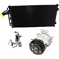 A/C Compressor Kit with A/C Condenser, and A/C Service Kit (Accumulator, Orifice Tube, O-Ring, Gasket Seal Kit), 6-Groove Pulley, 4.33in Diameter; HT6; Hoses Built to Top; PAG 46 Oil; 2 O'Clock Coil