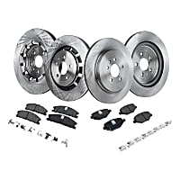 Front and Rear Brake Disc and Pad Kit, Plain Surface, 5 Lugs, Ceramic - Front, Semi-Metallic - Rear, Includes Shims and hardware, Pro-Line Series