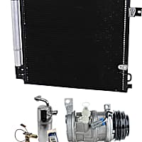 3-Piece Kit A/C Compressor, 4-Groove Pulley, includes A/C Condenser, and A/C Service Kit (A/C Expansion Valve, A/C Receiver Drier, and A/C O-Ring and Gasket Seal Kit), Two Bolts to mount the Hoses