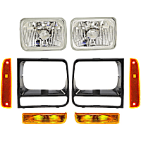 8-Piece Kit, Driver and Passenger Side Halogen Headlight, With bulb(s), Clear Lens, Includes (2) Headlight, (2) Headlight Door, (2) Turn Signal Light and (2) Side Marker