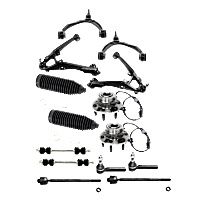 14-Piece Kit Front, Driver and Passenger Side, Upper and Lower Control Arms, Includes (4) Control Arm, (2) Steering Rack Boot, (2) Sway Bar Link, (4) Tie Rod End, and (2) Wheel Hub