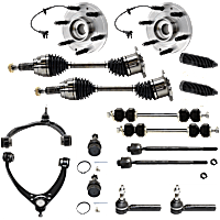 16-Piece Kit Front, Driver and Passenger Side Axle Assembly, includes (2) Axle Assembly, (2) Ball Joint, (2) Control Arm, (2) Steering Rack Boot, (2) Sway Bar Link, (4) Tie Rod End, and (2) Wheel Hub