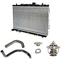 Radiator, 2.0L Engine, Aluminum Core, Plastic Tank, includes Radiator Cap, Radiator Hose, Thermostat, and Thermostat Gasket