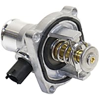 Thermostat Housing, With housing and gasket, 2.89 in. flange length, 0.38 in. flange thickness, 2.59 in. flange width, 2.34 in. Bolt Hole Center To Bolt Hole Center, Blade type, 2-prong male terminal