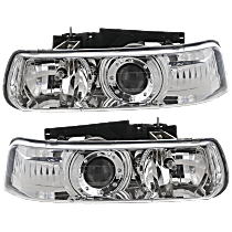 Driver and Passenger Side Headlight, With bulb(s), Halogen, Clear Lens, Chrome Interior, Projector Type