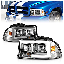 Driver and Passenger Side Halogen Headlight, With bulb(s), With Light Bar, Clear Lens, Chrome Interior