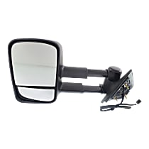 Driver Side Towing Mirror, Power, Heated, Manual Folding, Textured Black, No Signal Light, No Memory, No Puddle Light, No Auto-Dimming, With Blind Spot Glass