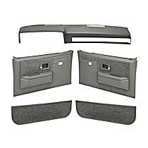 Dash Cap, Door Panel, Kick Panel, Power Windows Only/Padded Armrest/Weather Stripping/Upholstered Insert/Door Handle Cup/Use Orig. Hardware, ABS Plastic, Medium Gray