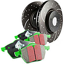 Front Brake Disc and Pad Kit, Dimpled and Slotted, 5 Lugs, Aramid Fiber, FMSI Pad No. D561, 5.0L 8Cyl, S10 Greenstuff 2000 and GD Sport Slotted and Dimpled Rotors