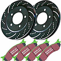 Front Brake Disc and Pad Kit, Dimpled and Slotted 5 Lugs 295.91 mm Aramid Fiber S3 Greenstuff 6000 and GD Sport Slotted and Dimpled Truck and SUV Rotors