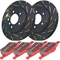 Front Brake Disc and Pad Kit, Slotted, 3 Lugs, 279.4 mm, Aramid Fiber Ceramic, FMSI Pad No. D1252; Solid; 3 Bolt Holes; 280mm Dia.; 38mm Height; 9mm Thick; 58mm Center Hole Dia., S4 Redstuff Ceramic Pad and USR Sport Slotted Rotors