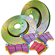 Front Brake Disc and Pad Kit, Dimpled and Slotted, 5 Lugs, 266.7 mm, Aramid Fiber, FMSI Pad No. D376; Vented; 5 Bolt Holes; 267mm Dia.; 36.6mm Height; 26mm Thick; 70.8mm Center Hole Dia., S5 Yellowstuff and GD Sport Slotted and Dimpled Super